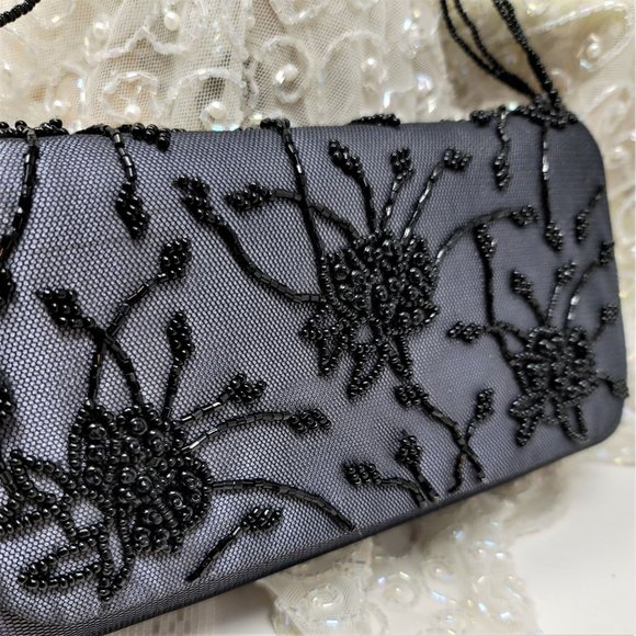 Black Beaded Evening Handbag Purse Floral Pattern - Picture 2 of 8